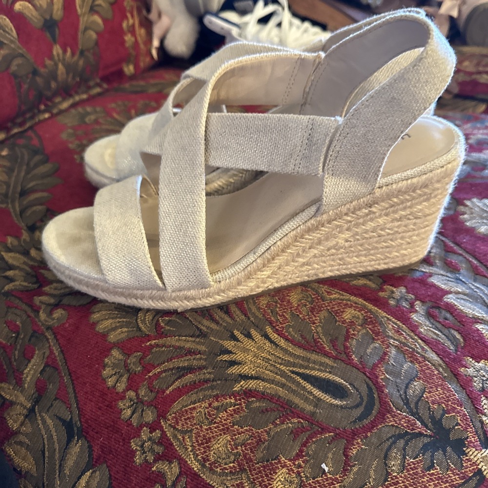 LUCKY BRAND Womens White Mendona Round Toe Wedge Leather Espadrille Shoes 10 M - Picture 2 of 7